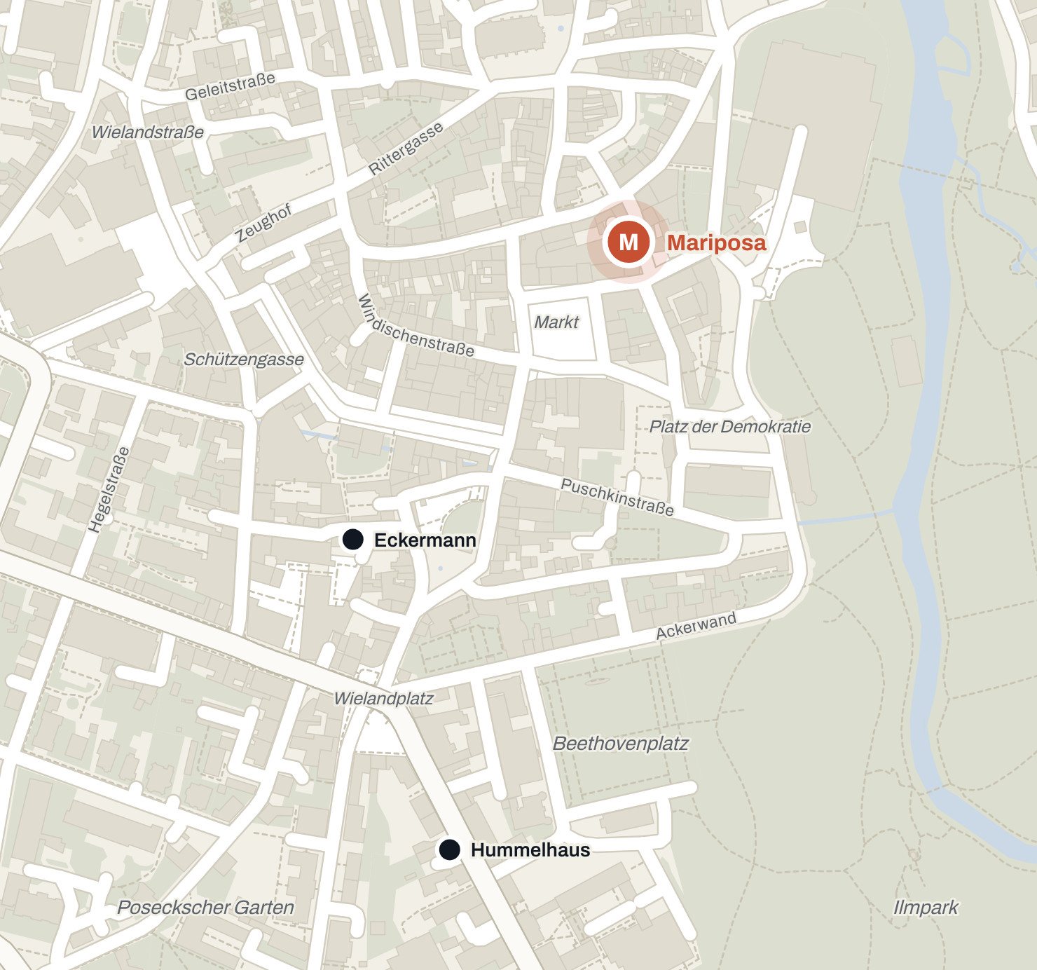 Lageplan: Pension Mariposa in der Weimarer Altstadt, dazu die beiden anderen Häuser des Gastgebers